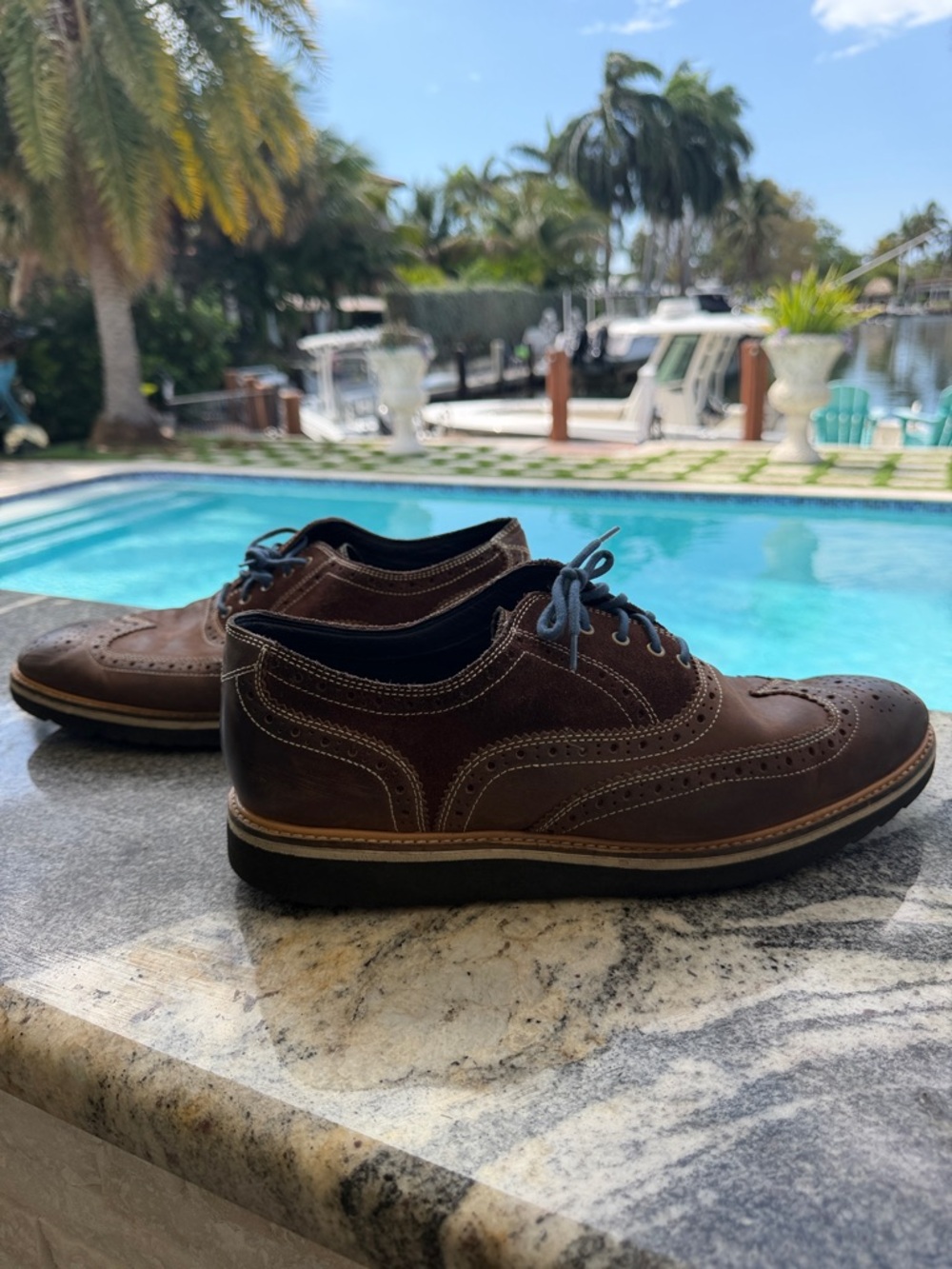 Cole Haan Brown Wingtip Suede & Leather Oxfords with Blue Laces